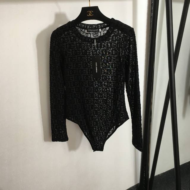 Style No. 8137 Dg* New Flocked Old Flower Logo Long-Sleeved Bodysuit Black Khaki