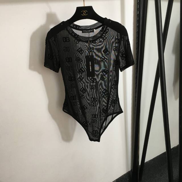 Style No. 7558 Dg* New Flocking Logo Letter Slim Fit Short-Sleeved Bodysuit Top