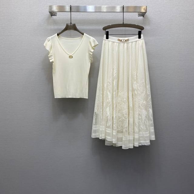 di*25Ss Sexy V-Neck Flying Sleeve Design Top Positioning Jacquard Mesh Skirt