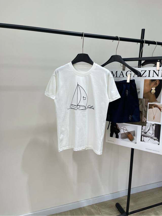 Niche Minimalist Sailboat Letter Embroidered T Fabric Is Pure Cotton Color Is Wh