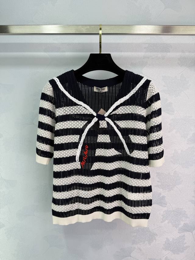 miu*25 Summer New Short-Sleeved Striped Knitted Chest Bow Decoration Color Ma