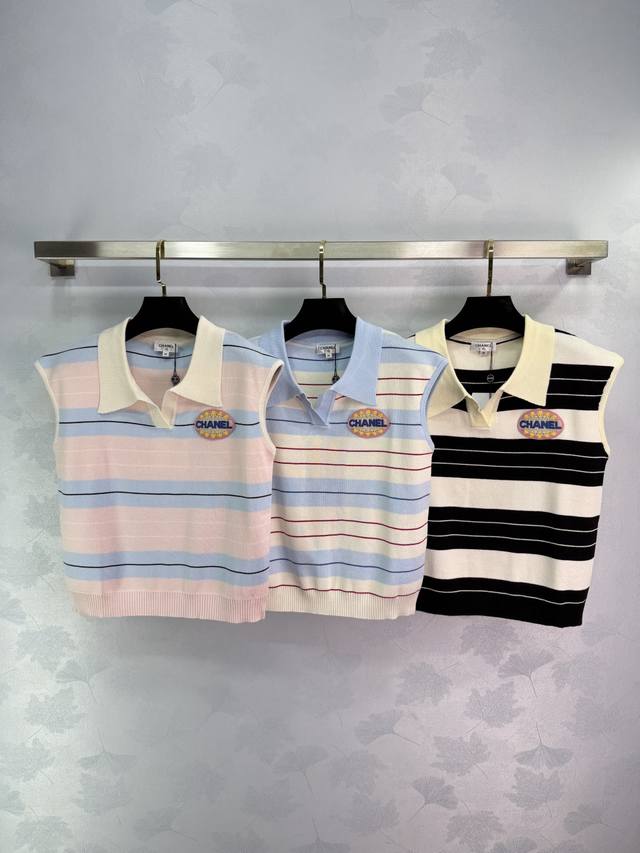 chane*25 Spring And Summer Striped Lapel Vest Sweater White Rich Temperament