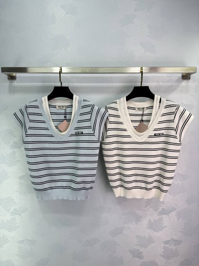 miu*2025 Early Spring New Striped Short Sleeve Knit Sweater Fake Two-Piece V-