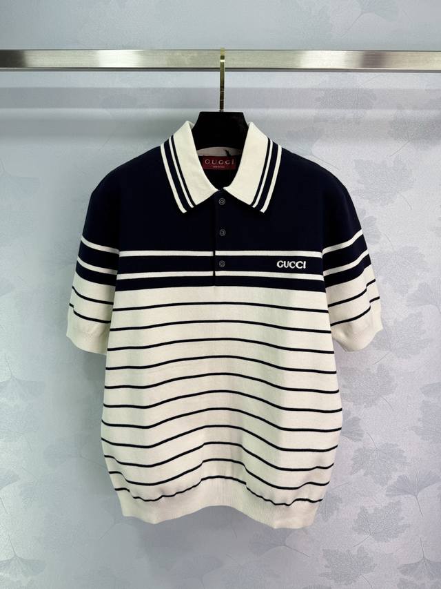 gucc* 2025 Spring And Summer New Series Striped Lapel Knitted Short Sleeve Cu