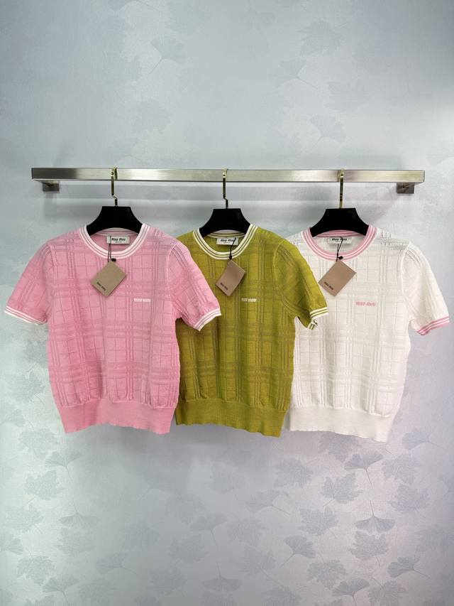 miumi*25 Spring And Summer New Knitted Round Neck Short Sleeves Contrast Colo