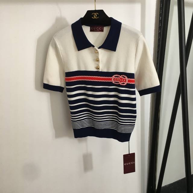 Style No. 20252941 Gucc* New Colorblock Striped Polo Neck Short Sleeve Knit Top