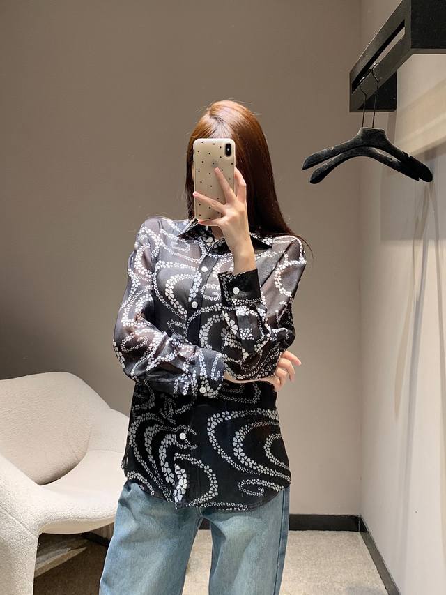 chane* 25Ss Spring And Summer New Printed Lapel Long-Sleeved ShirtExclusive H