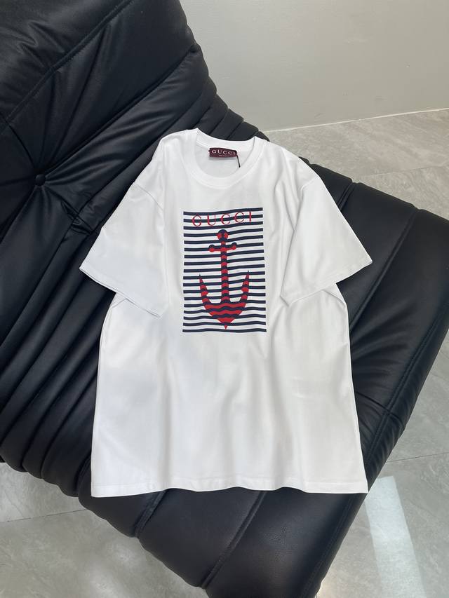 gucc*2025 New Arrival. Round Neck Striped Letters Customized Yb Original Cott