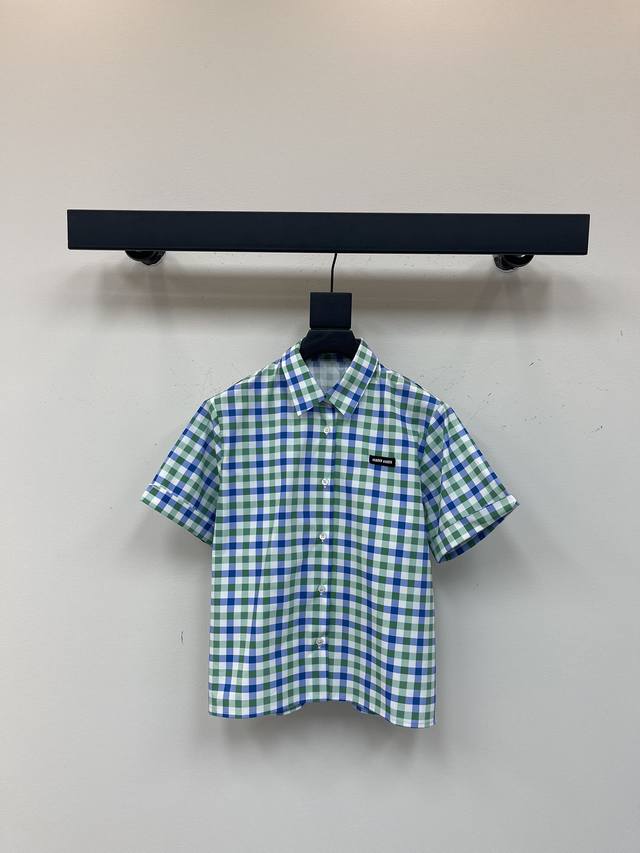 miumi* 25Ss New Spring And Summer Logo Color Block Plaid Short-Sleeved Shirt