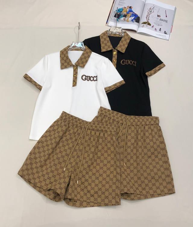 gu33* 25Ss New Style Old Flower Fabric Splicing Polo Shirt Shorts Suit Letter