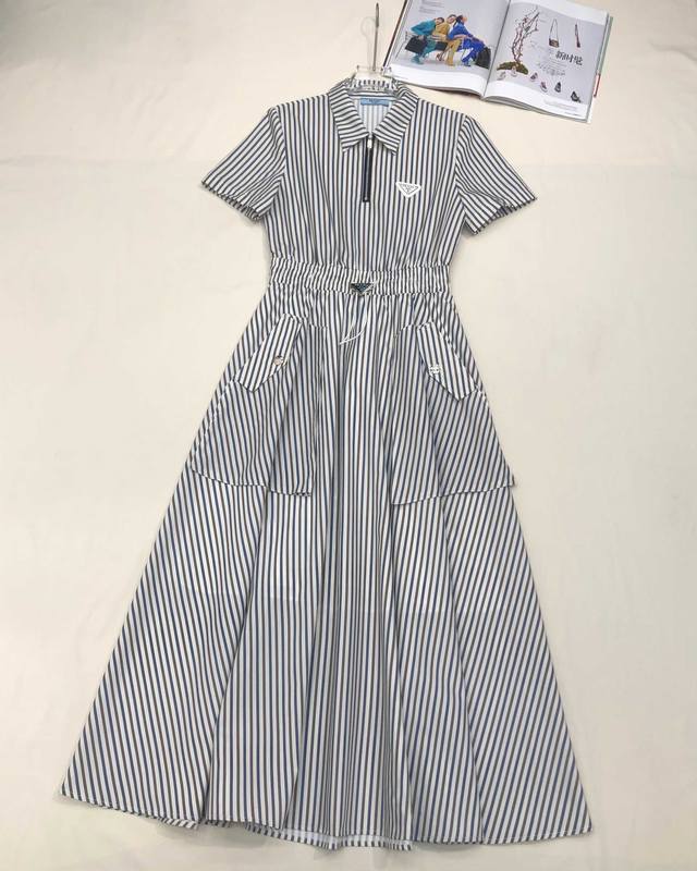 pr141* 25Ss New Style Dress Striped Color Matching Waist Design Classic Trian