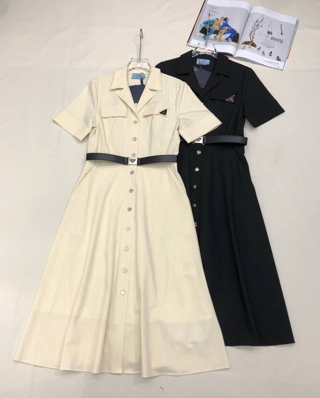 pr141 Prada 2025 Summer New Dress With Lapel And Front Button Design, Waist-H