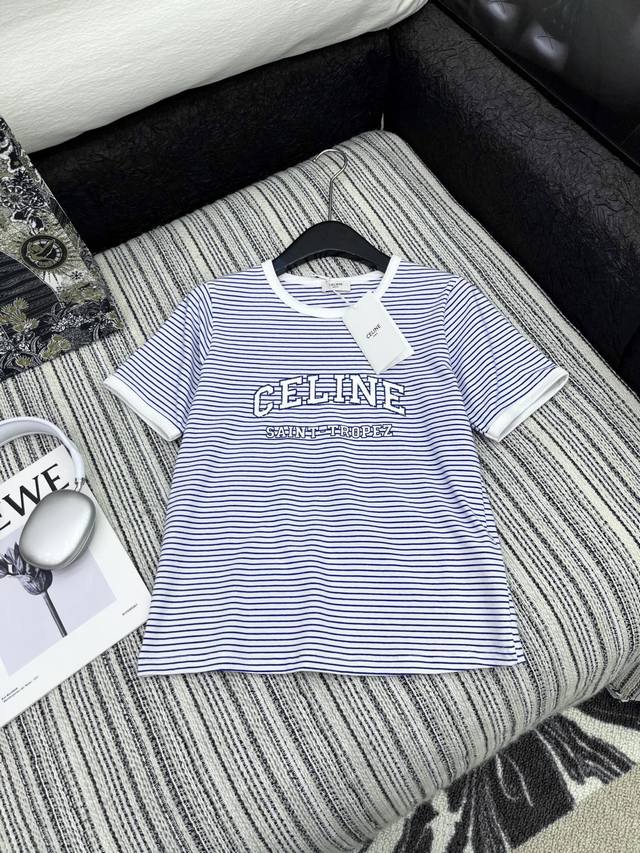 Hot Item In Stock Original Quality Celin* 25 New Striped T-Shirt Exquisite Style