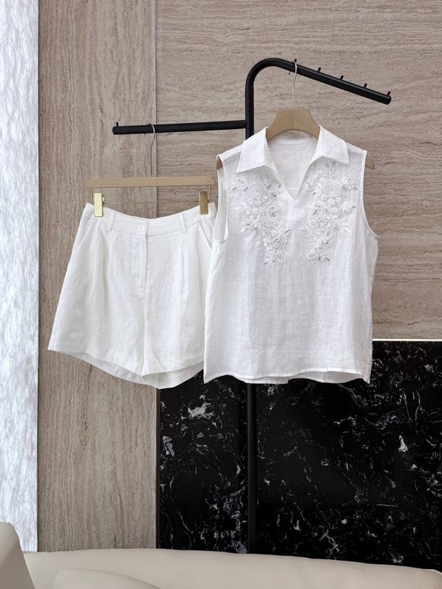 ym041#New Suit Es Sequin Embroidery 100% Linen Sleeveless Top Shorts Suit Whi