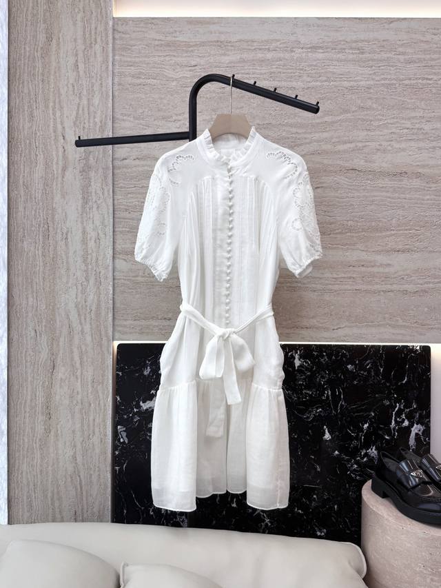 ym040#New Style Dress Zimm* Hollow Embroidery Short Sleeves 100% Ramie Dress