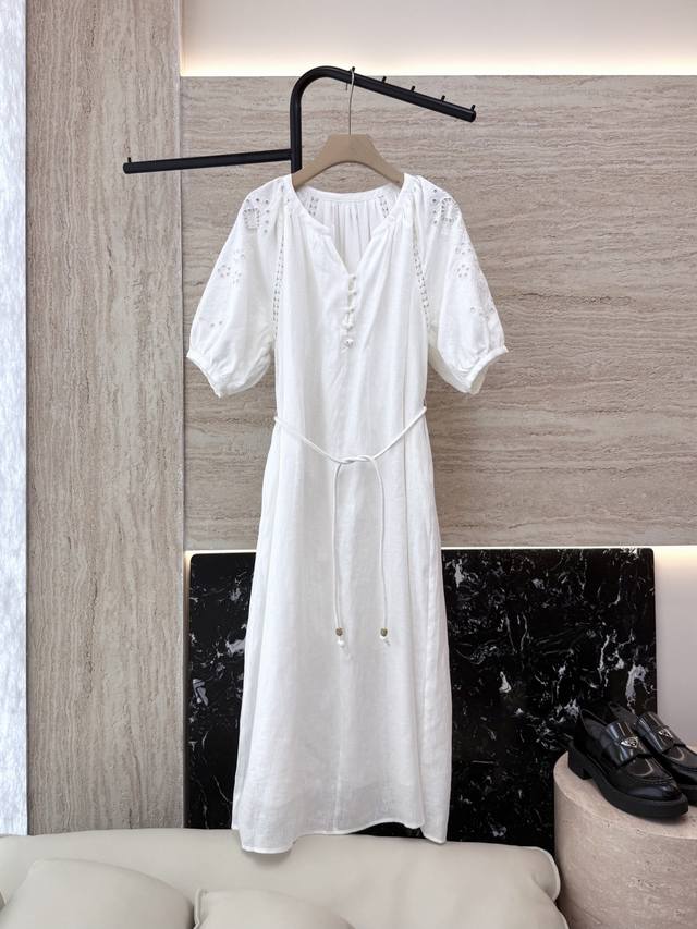 ym039#New Dress Zimm* Hollow Embroidery Short Sleeves 100% Linen Dress White