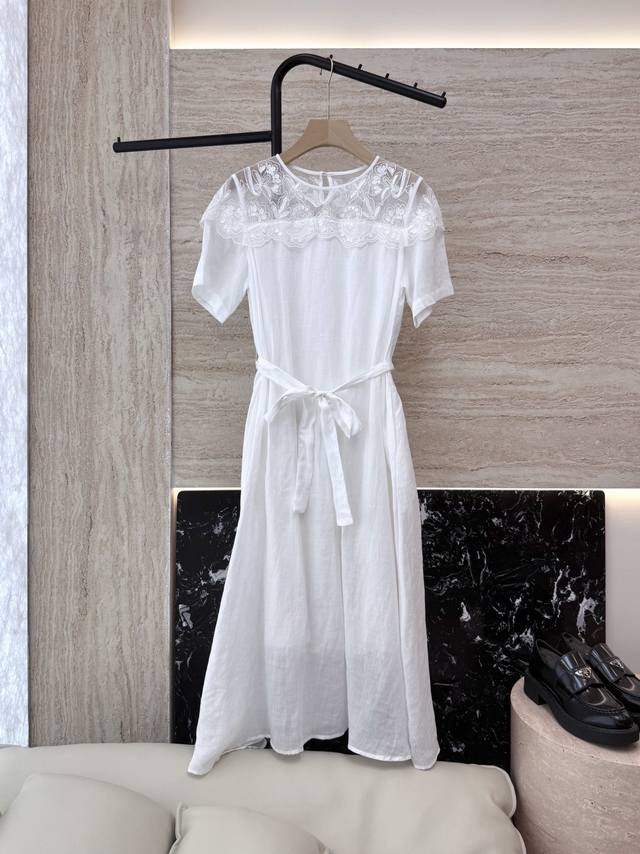 ym038#New Dress Zimm* Mesh Embroidery Short Sleeves 100% Ramie Dress White Bl