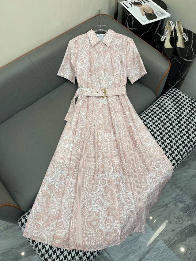 dio* 25Ss New Lapel Dress Pattern Print Fabric With Belt High-End Temperament