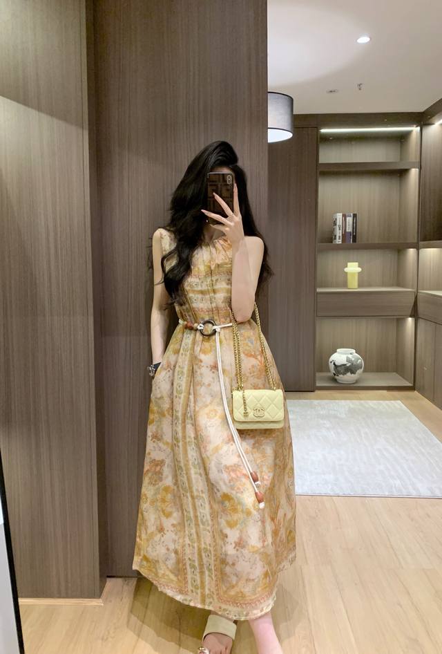 Dress 70N New European Holiday Style 100% Ramie Print Dress Elegant Temperament
