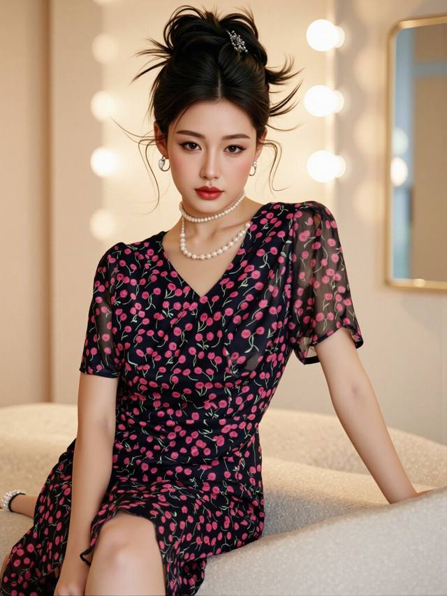 Dress Spring And Summer New Elegant Short-Sleeved Mid-Length Dress V-Neck Elegan