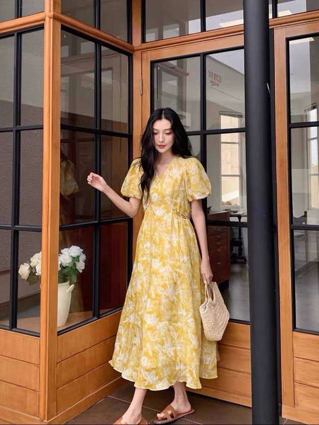 Dress New Summer Designer Holiday Style Hollow Waist Printed Puff Sleeve Dress L