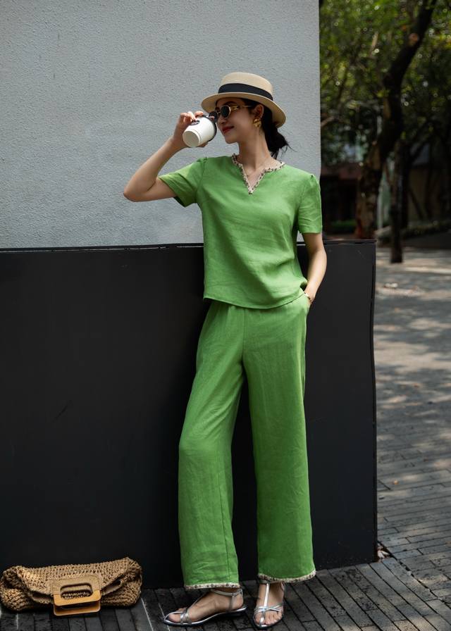 Suit 2670 New Summer Linen Beaded Pullover Top And Trousers Suit, Elegant Temper
