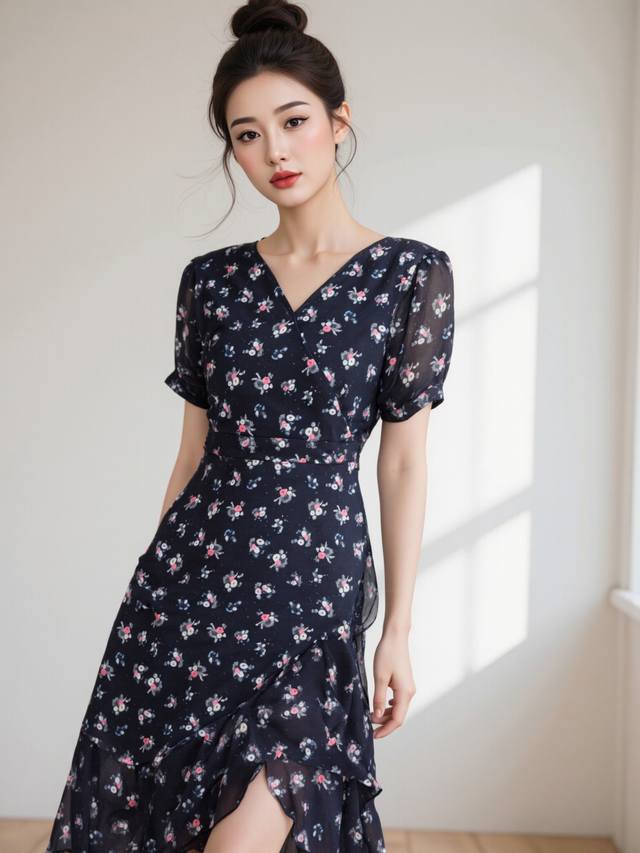 Dress Spring And Summer New Elegant Short-Sleeved Mid-Length Dress V-Neck Elegan