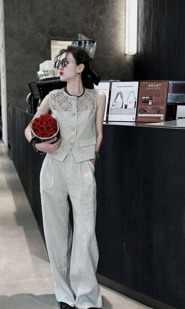 Suit Simple Handsome Linen Striped Simple Vest + Straight Wide-Leg Pants Suit Pa