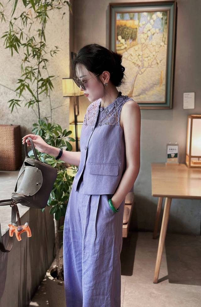 Suit Simple And Handsome Linen Striped Simple Vest + Straight Wide-Leg Pants Sui