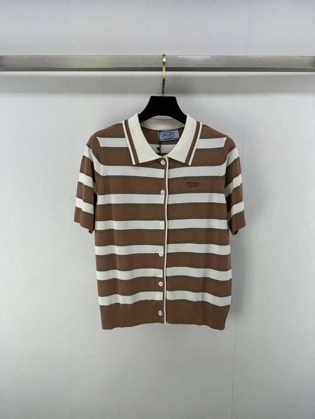 prad*New Details 25 Spring And Summer New Striped Knitted Polo Cardigan Short