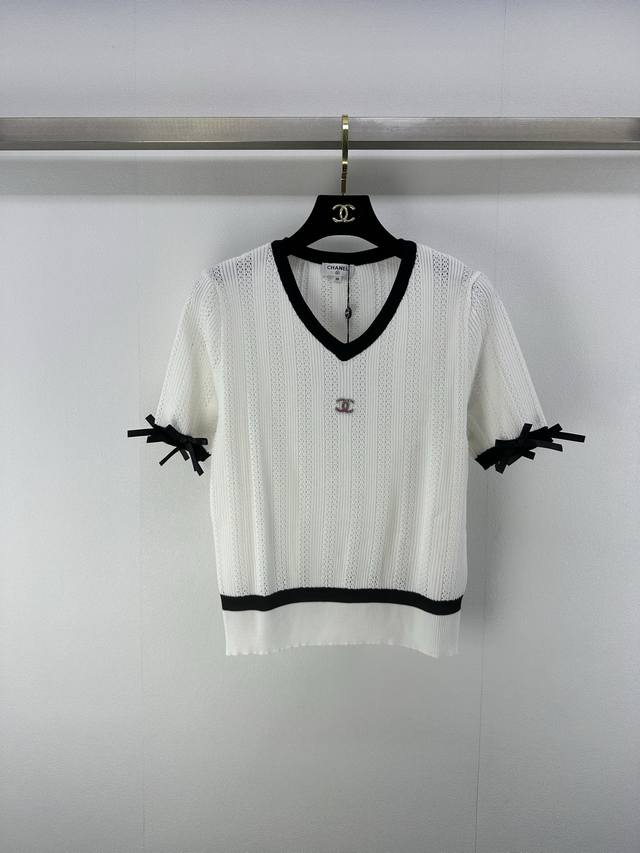 chane*New Details 25 Spring And Summer New Bowknot V-Neck Knitted Short Sleev