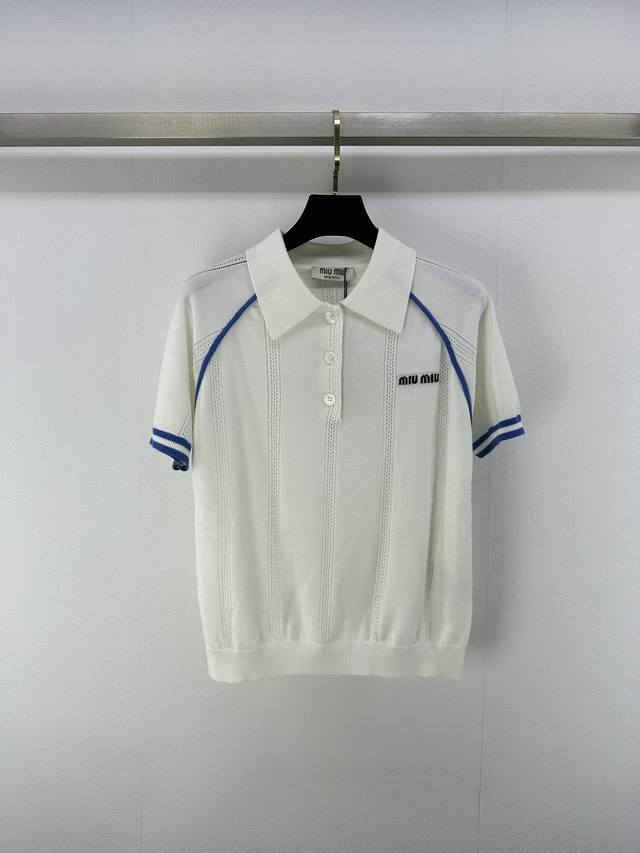 miumi New Details 25 Summer Hollow Contrast Lapel Short Sleeves Refreshing At