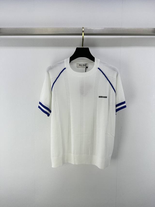 miumi New Details 25 Summer Hollow Contrast Color Round Neck Short Sleeves Re