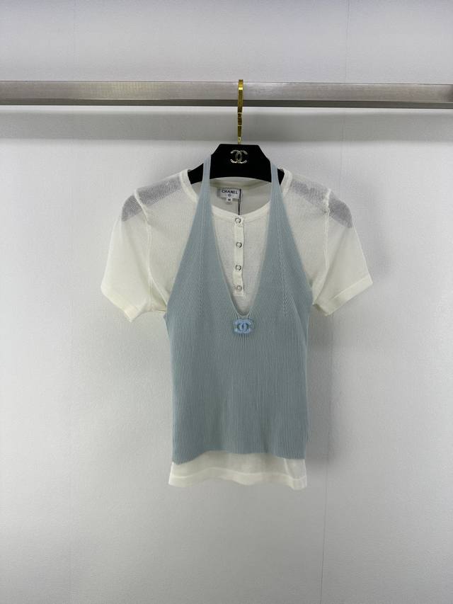 chane* New Details 25 Summer New Two-Piece Short-Sleeved Halter Neck Vest + H