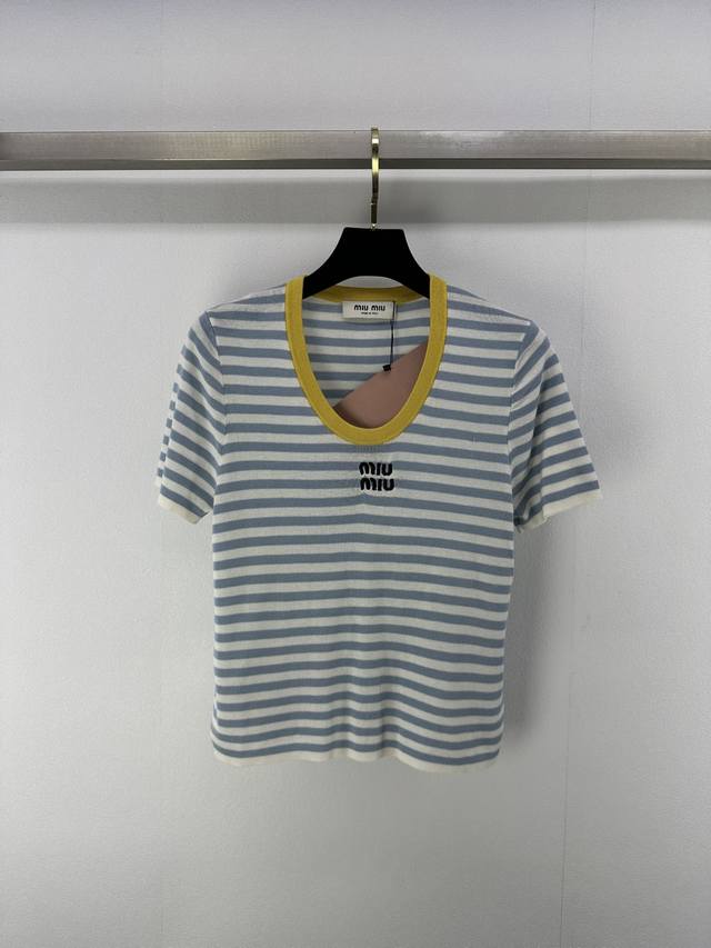 miumi* New Details 25 Spring And Summer Latest Contrast Striped Knitted Short