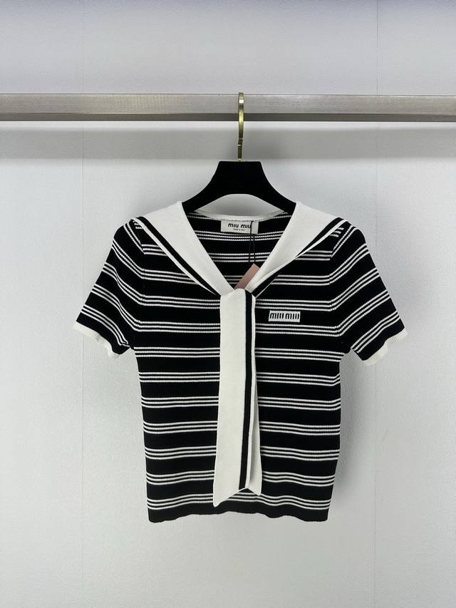 miumi*New Details 25 Spring And Summer New Navy Striped Short Sleeves Striped