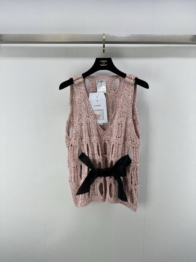 chane*New Details 25 Summer Latest Bow Vest Shoulder Custom Diamond Button Bo