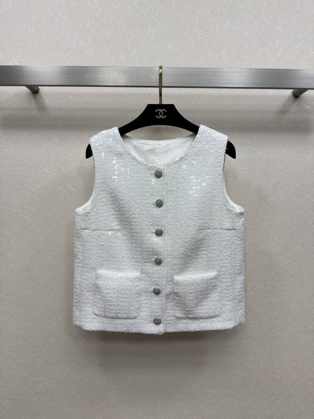 25Ss Chane *New White Sequin Sleeveless Tweed Vest From The Spring And Summer
