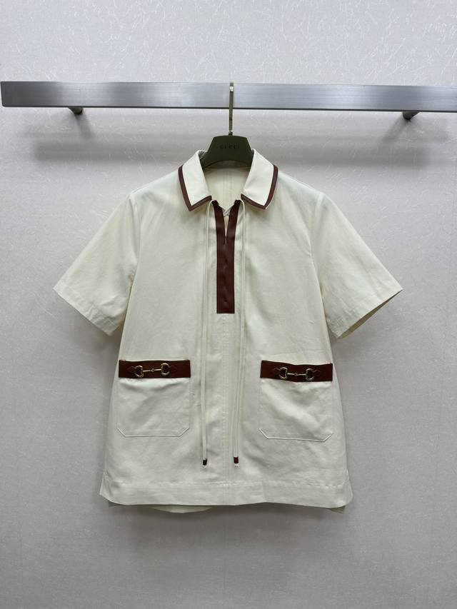 25Ss Gucc*25 Spring And Summer New Style Lapel Short-Sleeved Dress Brown Leat