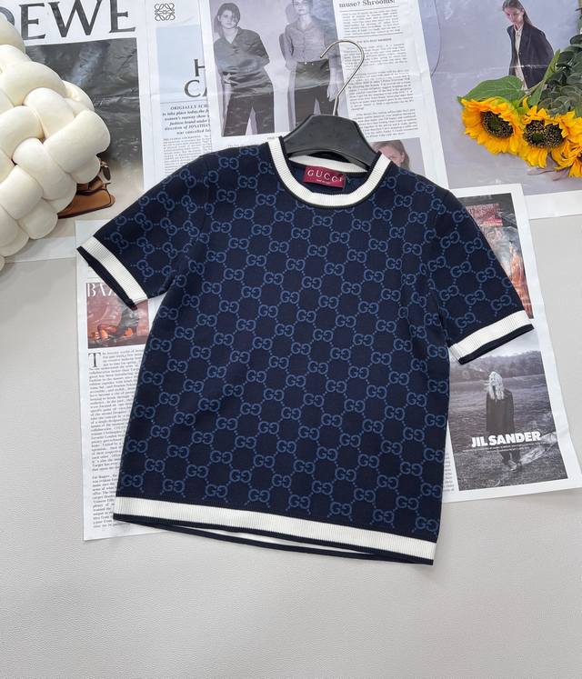 gucci2025 New Double G Jacquard Knitted Short Sleeves Custom Yarn Weaving Tex