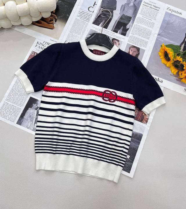 gucci25Ss New Spring And Summer Knitted Round Neck Short Sleeves With Interla