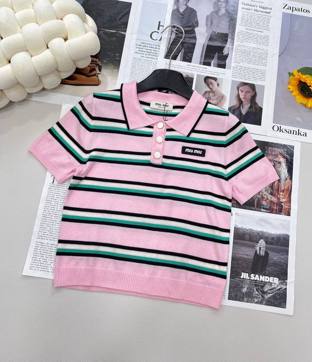 miu Miu Contrast Striped Letter Wool Sweater Short Sleeves The Classic Stripe