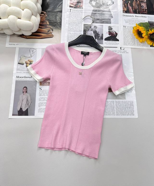 chanel25Ss Spring And Summer New Micro-Label Slim Fit Knitted Short-Sleeved T