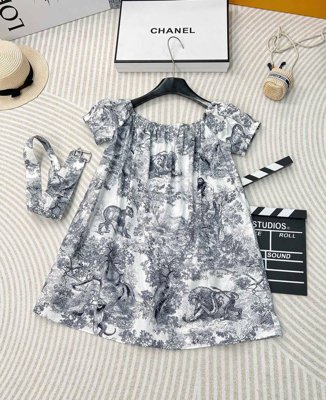 dior24Ss One-Shoulder Dress With Jungle Animal Pattern One-Shoulder Dress Wit