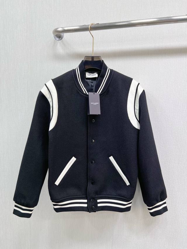 ysl Saint Laurent Classic Woolen Leather Patchwork Black And White Jacket Bas