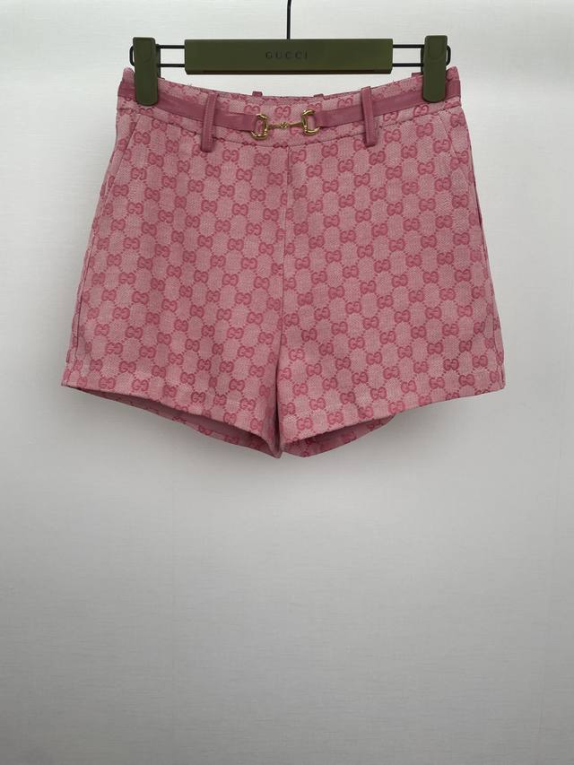 g 25Ss Jacquard Straight Shorts. Leather Thin Belt With Horseshoe Chain Buckl