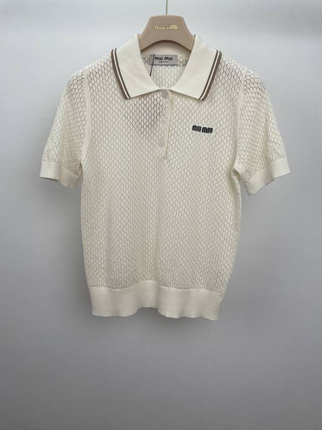 miu Home 25Ss Hollow Knitted Lapel Short Sleeves Breathable And Comfortable K