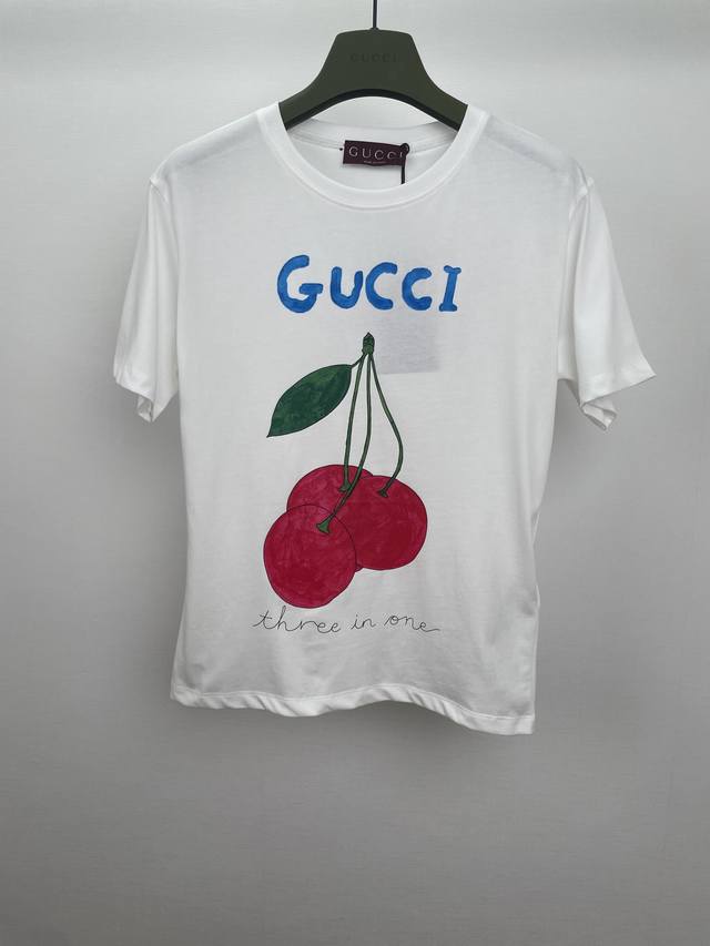 g 25Ss Cherry Print Round Neck Short-Sleeved T-Shirt With Super Slim Upper Bo