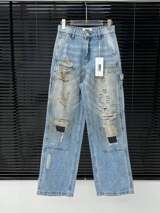 25 New Mm6 Retro Distressed Overalls With Holes. Made Of Imported Denim Fabri