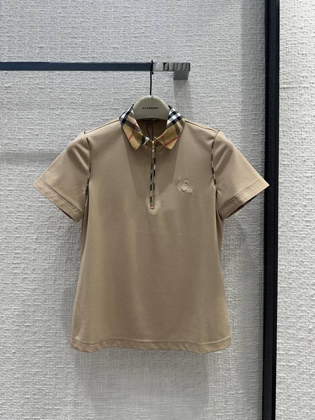 New Burbe*Ry 25 New Zipper Neck Polo Shirt Positioning War Horse Embroidery Patt